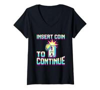 Donna Insert Coin To Continue - Divertente Maglietta da Gioco Arcade Anni '80 Maglietta con Collo a V