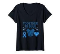 Donna Insieme nella Progettazione Blu della consapevolezza dell'autismo Maglietta con Collo a V