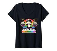 Donna Installazione Muscoli Divertente LGBT Rainbow Gym Fitness Cat Meme Maglietta con Collo a V