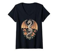 Donna Intricato Drago Con Accenti Floreali Fantasia Maglietta con Collo a V