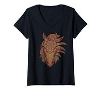 Donna Intricato Mandala Floreale con Piume per Gli Amanti dei Cavalli Maglietta con Collo a V