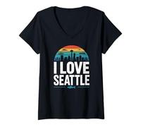 Donna io, amare, seattle, retro, skyline città Maglietta con Collo a V