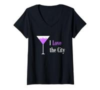 Donna Io Amo la Città. Viola Martini Drink Glass Cityscape Maglietta con Collo a V