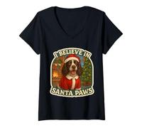 Donna Io Credo in Santa Paws Springer Spaniel Christmas Maglietta con Collo a V