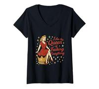 Donna Io sono la Regina di Cazzo Tutto Retrò Vintage Pinup Maglietta con Collo a V