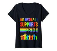 Donna Io Stesso & I Supports Pride Rainbow Open Gay & Loved Hands Maglietta con Collo a V