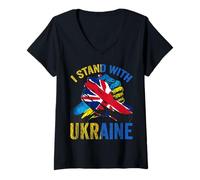 Donna Io STO con Ucraina Inghilterra Regno Unito UE Supporto Amante ucraino Maglietta con Collo a V