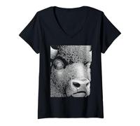 Donna Ipnotico Bisonte Strano Occhi Gotico Strano Strano Spettrale Halloween Maglietta con Collo a V