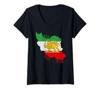 Donna Iran, Mappa, con, Leone, e, Sole, Emblema, farsi Etichette Inglesi Maglietta con Collo a V