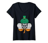 Donna Irish Cat St Patricks Cattricks Shamrock Cat Ireland Flag Maglietta con Collo a V