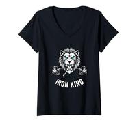 Donna Iron King Lion Bilanciere per Sollevamento Pesi Bodybuilding Graphic Maglietta con Collo a V