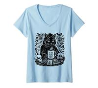 Donna Is He Vintage Dead Yet Dark Humor Gothic Coffee Rituale Cat Maglietta con Collo a V