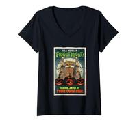 Donna Isla Nublar Paura Notte Jurassic Park Halloween Design Maglietta con Collo a V