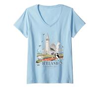 Donna Islanda Terra di Fuoco e Ghiaccio Vulcano Chiesa Souvenir Maglietta con Collo a V