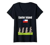 Donna Isola di Pasqua Moai Statue Souvenir Cile Vacanza Bandiera Cile Maglietta con Collo a V