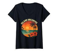 Donna Isola Sognando Tramonto Ibisco Fiore Retro Spiaggia Tropicale Maglietta con Collo a V