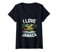 Donna Isola sulla Spiaggia con Bandiera I Love Jamaica Heartbeat Maglietta con Collo a V