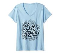 Donna Isola Tropicale dell'onda dell'ibisco dello Script Hawaiano di Aloha dal Vivo Maglietta con Collo a V
