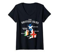 Donna Isole britanniche Mare Irlanda Scozia Galles Inghilterra Mappa Monete Maglietta con Collo a V
