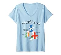 Donna Isole britanniche Mare Irlanda Scozia Galles Inghilterra Mappa Monete Maglietta con Collo a V