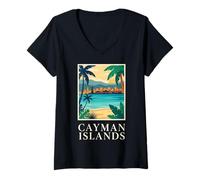 Donna Isole Cayman Caraibi Spiaggia Costiera Retro Art Maglietta con Collo a V