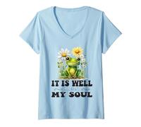 Donna It Is Well with My Soul Christian Cute Frog & Margherite Maglietta con Collo a V