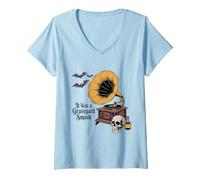 Donna It Was A Graveyard Smash Camicia Vintage Gramophone Skull Maglietta con Collo a V