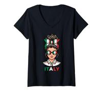 Donna Italia Bandiera Ragazza Pop Art Maglietta con Collo a V