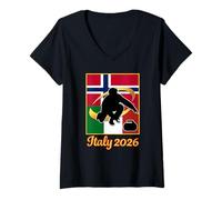Donna Italy 2026 Curling Norway and Italy Flag 2026 Winter Sports Maglietta con Collo a V