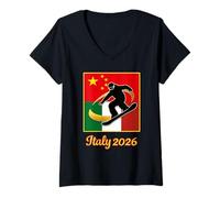 Donna Italy 2026 Snowboarding China and Italy Flag Winter Sports Maglietta con Collo a V