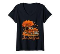 Donna It's Fall Y'All Pumpkin Truck Autumn Tree Festa del Ringraziamento Maglietta con Collo a V