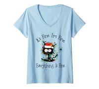 Donna It's Fine I'm Fine Everything Is Fine Black Cat Tree luci Maglietta con Collo a V