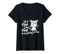 Donna It's Fine I'm Fine Everything Is Fine Divertente Gatto di Halloween Maglietta con Collo a V