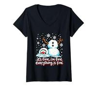 Donna It's Fine I'm Fine Everything Is Fine Snowman Christmas Meme Maglietta con Collo a V