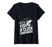 Donna It's Fish O'Clock Somewhere Pesca Umorismo Angler Divertente Maglietta con Collo a V