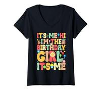 Donna It's Me Hi I'm The Birthday Girl Retro Colors Maglietta con Collo a V