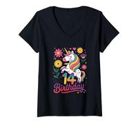 Donna It's My 14 Birthday Unicorn Floral Fun Maglietta con Collo a V