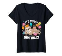 Donna It's My 14th Birthday Bradipo Lover Girls 14th Birthday Sloth Maglietta con Collo a V