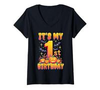 Donna It's My 1st Birthday Party 1 Year Old Kids Halloween Pumpkin Maglietta con Collo a V