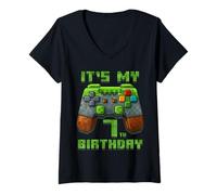 Donna It's My 7th Birthday Shirt Gamer Video Pixel Game Party Maglietta con Collo a V