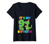 Donna It's My 9th Birthday Dinosaur T-Rex 9 Year Old Boy Divertente Maglietta con Collo a V