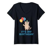 Donna It's My Birthday Cat Maglietta con Collo a V