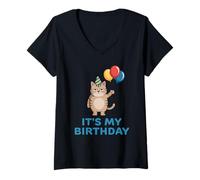 Donna It's My Birthday Cat Maglietta con Collo a V