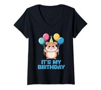 Donna It's My Birthday Kawaii Hamster Maglietta con Collo a V