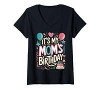 Donna It's My Mom's Birthday Cute Graphic with Cake & Confetti Maglietta con Collo a V