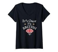 Donna It's Okay I'm British, Union Jack Flag UK, Regno Unito GB Maglietta con Collo a V