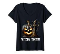 Donna Jack O Lantern Halloween Skeleton Witch for Witchy Season Maglietta con Collo a V
