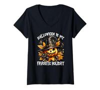 Donna Jack O Lantern in Witch Hat Halloween Is My Favorite Holiday Maglietta con Collo a V