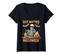 Donna Jack O Lantern Just Waiting for Halloween Scheletro Divertente Maglietta con Collo a V