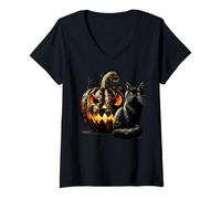 Donna Jack O Lantern Pumpkin for Halloween Lover Mystic Goth Cat Maglietta con Collo a V